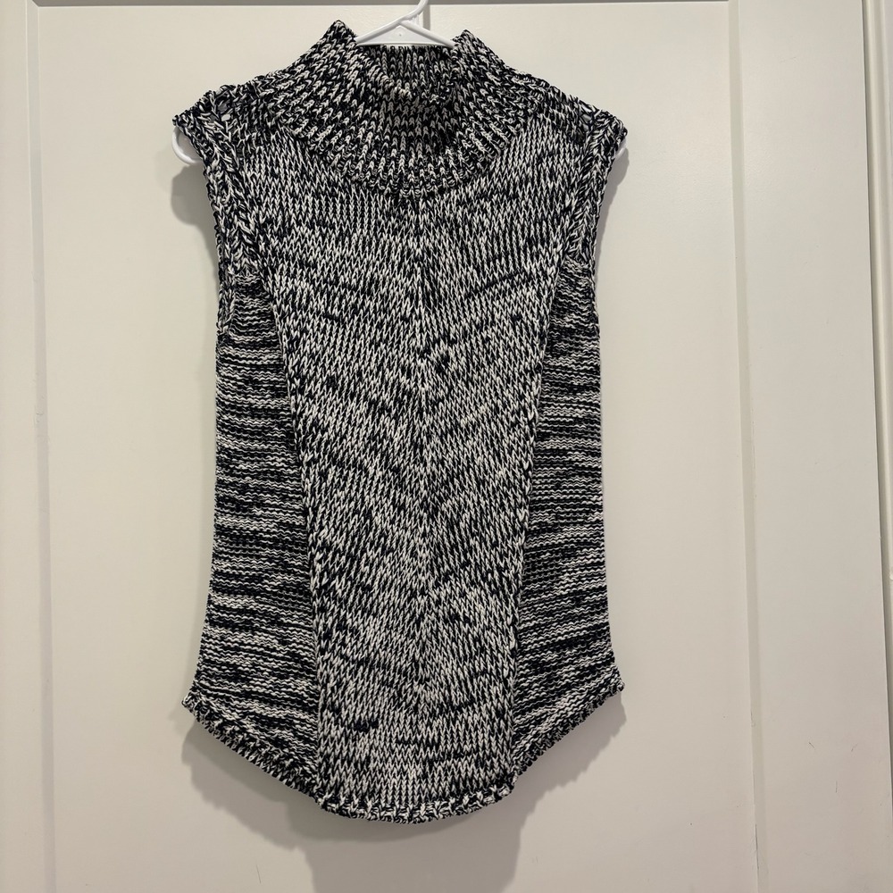 White House Black Market Marled Knit Mock Neck Sleeveless Sweater Navy White XS‎